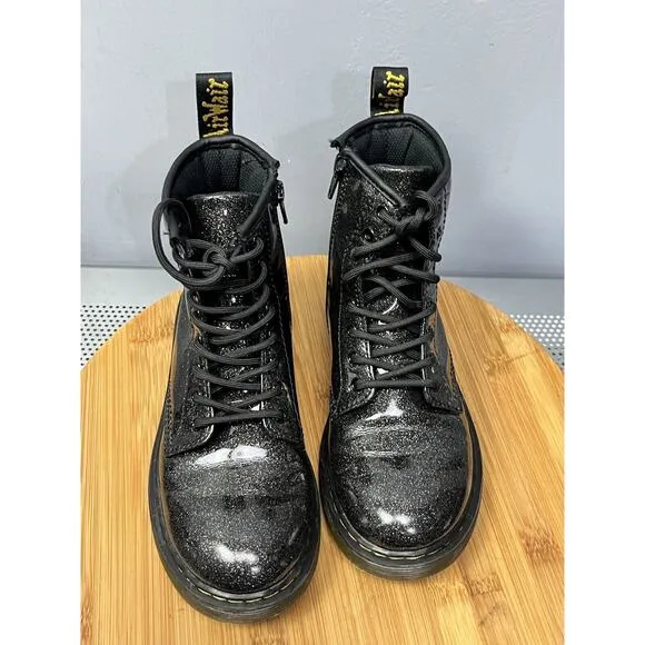 Doc Dr. Martens 1460 Glitter J Boots/Shoes Girls Size 3 Y Black Sparkle Side Zip