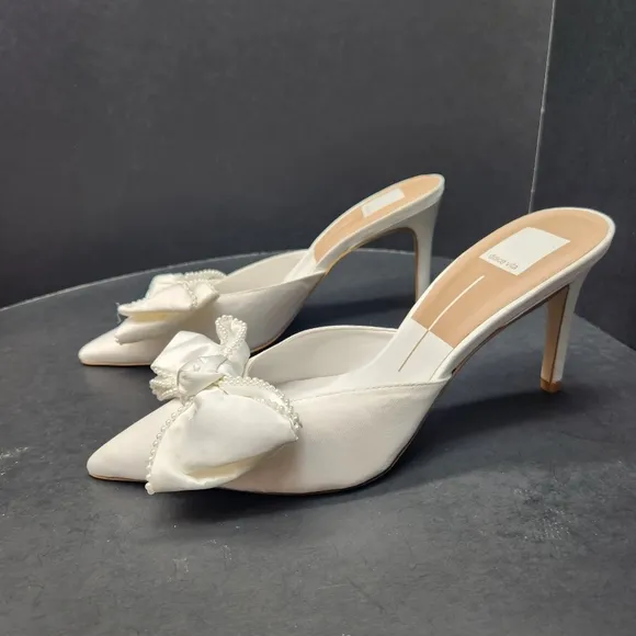 Dolce Vita heeled mules 8 white satin Patton bow pearls pointed toe new $160