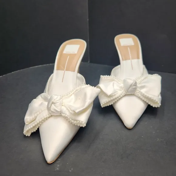 Dolce Vita heeled mules 8 white satin Patton bow pearls pointed toe new $160