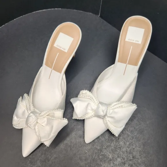 Dolce Vita heeled mules 8 white satin Patton bow pearls pointed toe new $160