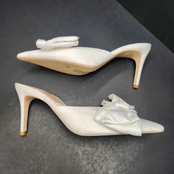 Dolce Vita heeled mules 8 white satin Patton bow pearls pointed toe new $160