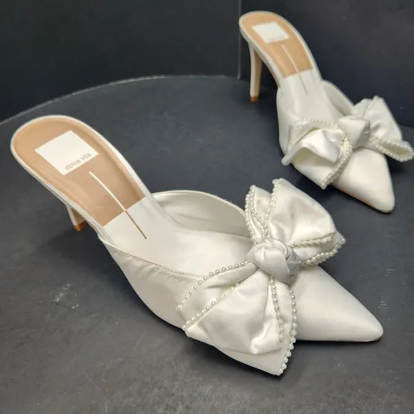 Dolce Vita heeled mules 8 white satin Patton bow pearls pointed toe new $160