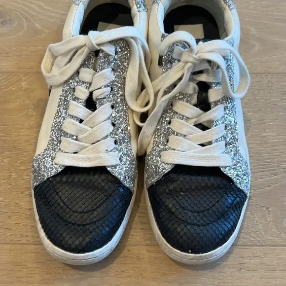 Dolce Vita Sneakers Sparkly Shoes 8.5 Nadea Zina Hemline Black Snake Glitter