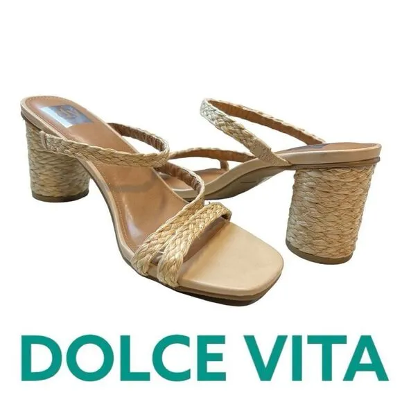 Dolce Vita Womens Myla Square Toe Braided Raffia Block Heel Sandals Beige Size 9