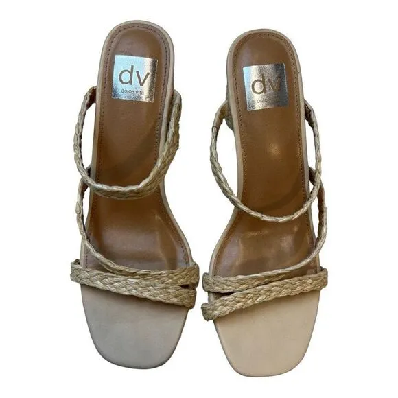 Dolce Vita Womens Myla Square Toe Braided Raffia Block Heel Sandals Beige Size 9