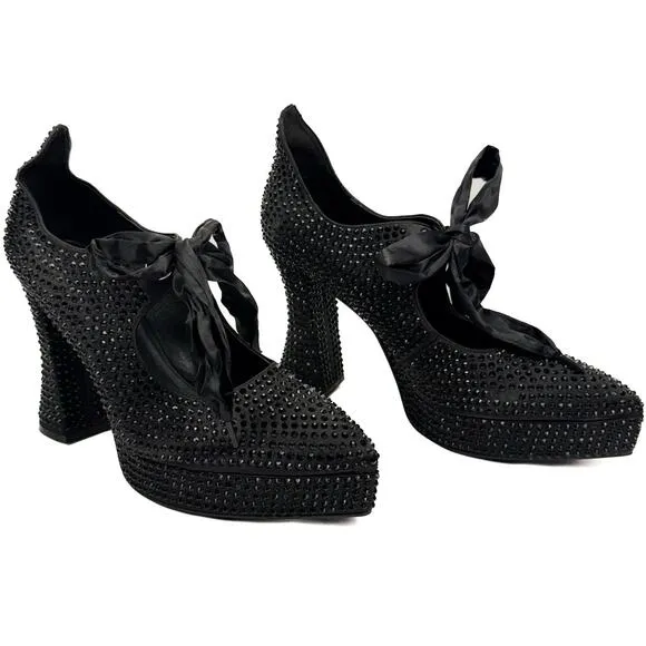Dolls Kill Widow Black Bejeweled Pointed Toe Bow Mary Jane Platform Pump 11 Goth
