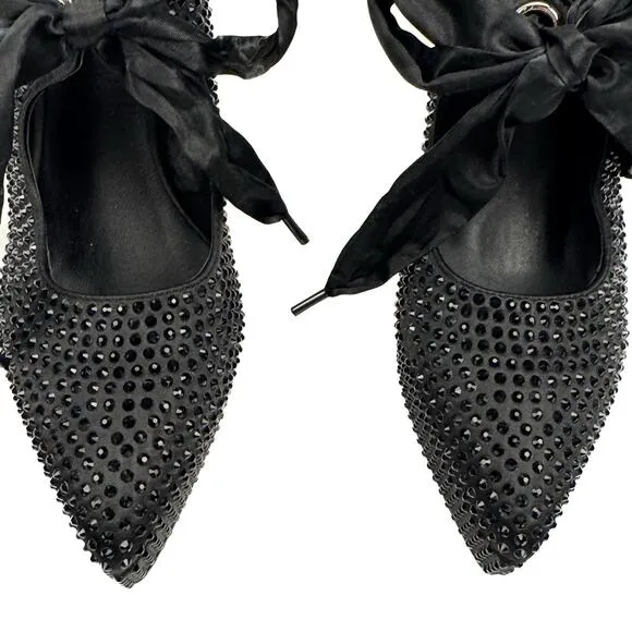 Dolls Kill Widow Black Bejeweled Pointed Toe Bow Mary Jane Platform Pump 11 Goth