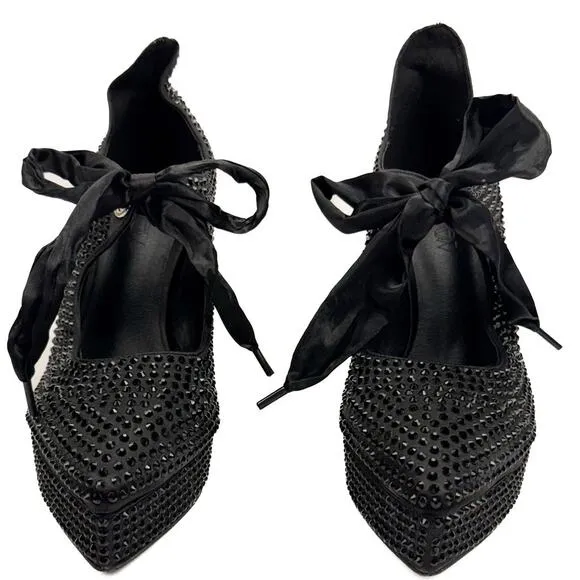 Dolls Kill Widow Black Bejeweled Pointed Toe Bow Mary Jane Platform Pump 11 Goth