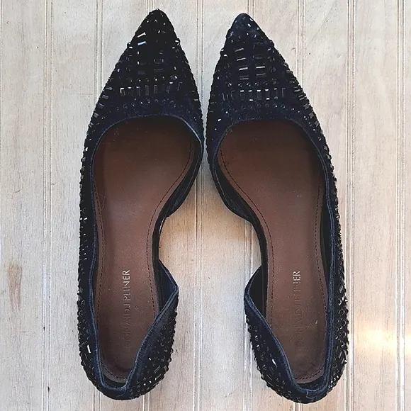 Donald J Pliner Black Embellished D'Orsay Flats Dressy Classy Pointy Toe Sparkly