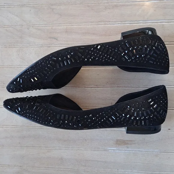 Donald J Pliner Black Embellished D'Orsay Flats Dressy Classy Pointy Toe Sparkly