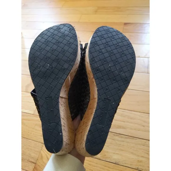 Donald J Pliner Black Woven Leather Cork Wedge Sandals Size 9M Toe Ring Slides