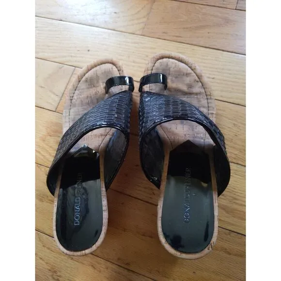 Donald J Pliner Black Woven Leather Cork Wedge Sandals Size 9M Toe Ring Slides