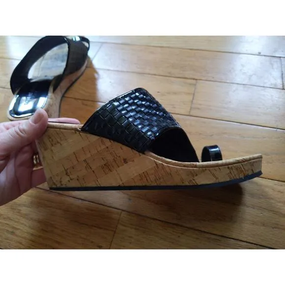 Donald J Pliner Black Woven Leather Cork Wedge Sandals Size 9M Toe Ring Slides