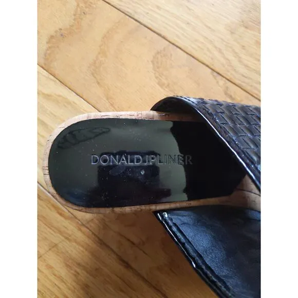 Donald J Pliner Black Woven Leather Cork Wedge Sandals Size 9M Toe Ring Slides