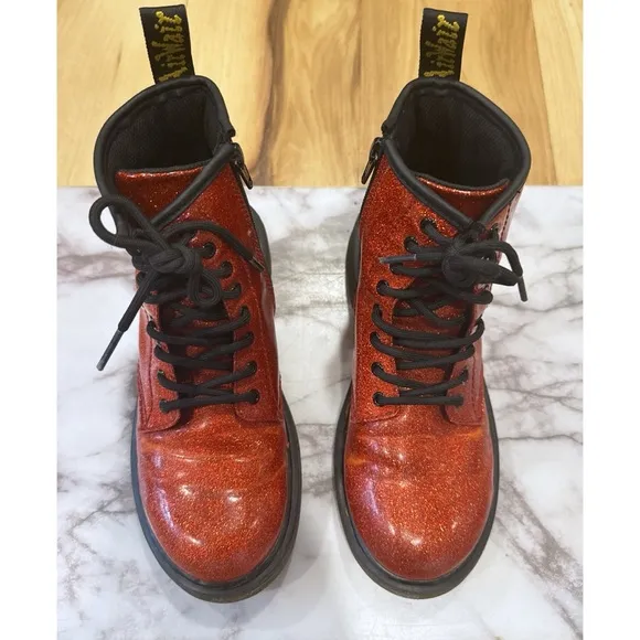 Dr. Martens Airwair YOUTH US 3 1460 Red Glitter Combat Lace Up Girls Boots