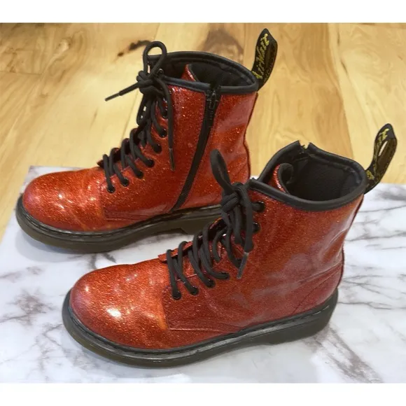 Dr. Martens Airwair YOUTH US 3 1460 Red Glitter Combat Lace Up Girls Boots