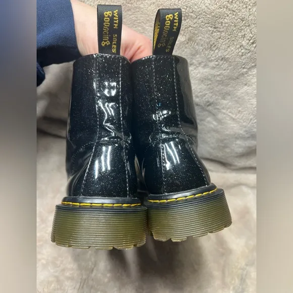 DR MARTENS BLACK GLITTER LUANA PATENT LEATHER COMBAT STYLE BOOTS SHOES WOMENS 7