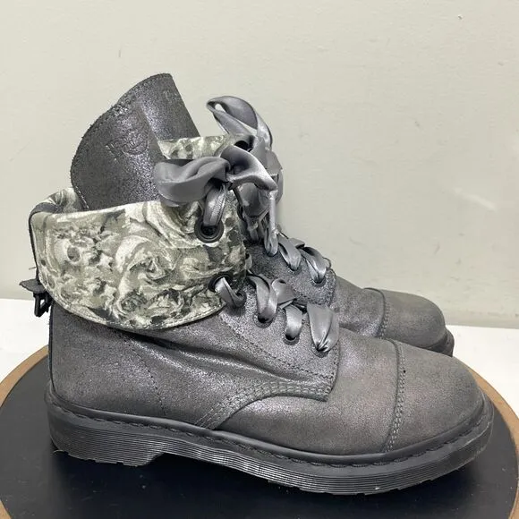 Dr Martens Boots Women 11 Aimilita Aimilie Silver Glitter Skull Roses Triumph