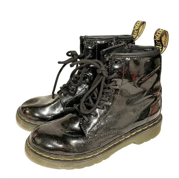 Dr Martens Pascal Fine Glitter Girls Size 2 Shoes Black Sparkle Lace Zip Boots