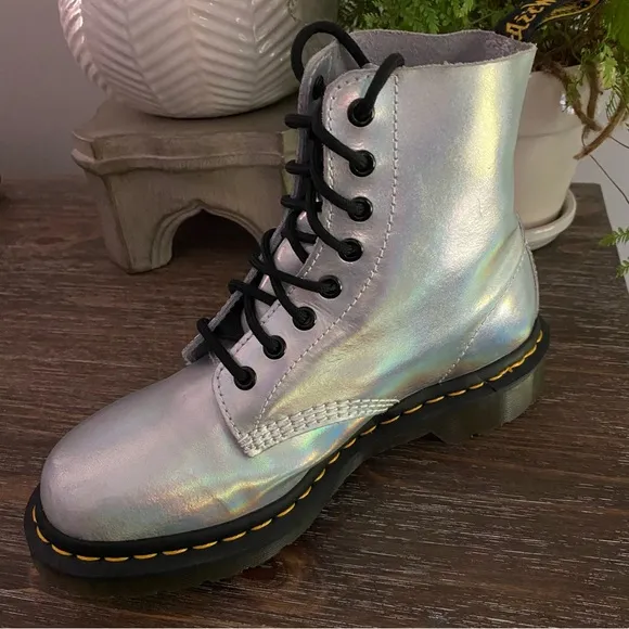 Dr. Martins Iridescent Pascal 1460 Holographic Rainbow Lace Combat Boot Womens 8