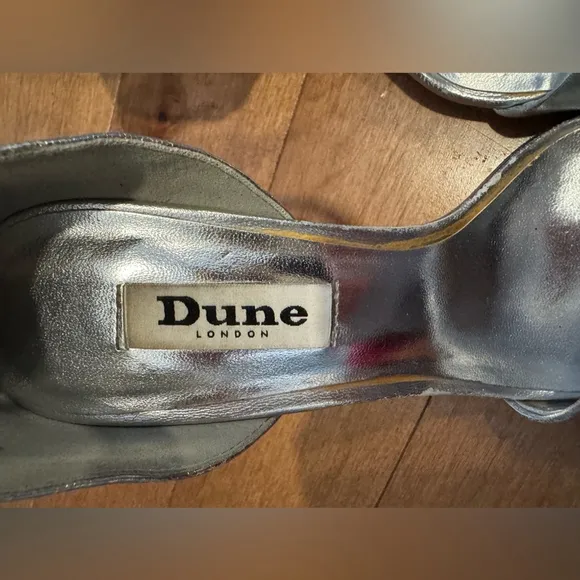 Dune London Leather silver metallic munnie sandals heels party shoes strappy 6M