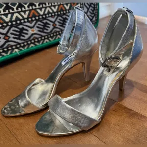 Dune London Leather silver metallic munnie sandals heels party shoes strappy 6M