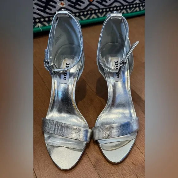 Dune London Leather silver metallic munnie sandals heels party shoes strappy 6M