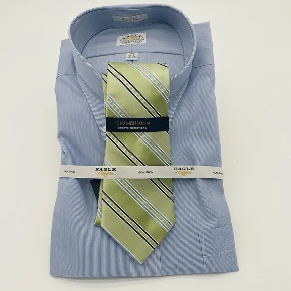 EAGLE Brand Button Dress Shirt OOP HTF 18.5 36-37 Blue No Iron  Free Tie XXL