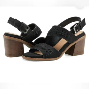 Earth Leather Chunky Stacked Heel Black Round Open Toe Sandals Size 9.5 NWOB
