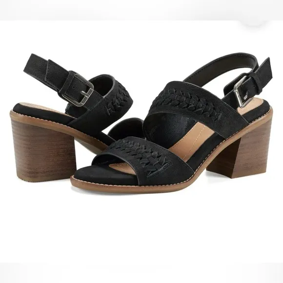 Earth Leather Chunky Stacked Heel Black Round Open Toe Sandals Size 9.5 NWOB