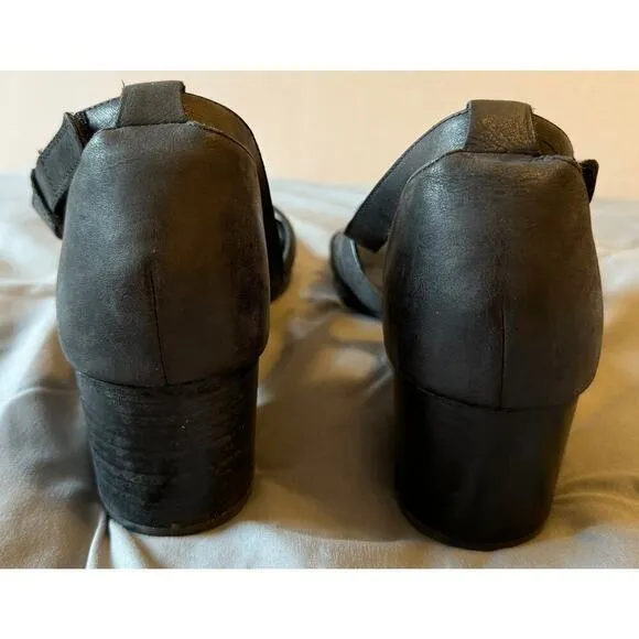 Eileen Fisher Black Leather Strappy Block Heels Sandals Vero Cuoio Size 11