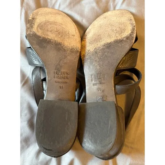 Eileen Fisher Black Leather Strappy Block Heels Sandals Vero Cuoio Size 11