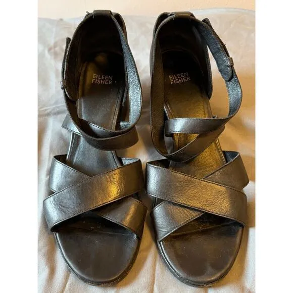 Eileen Fisher Black Leather Strappy Block Heels Sandals Vero Cuoio Size 11