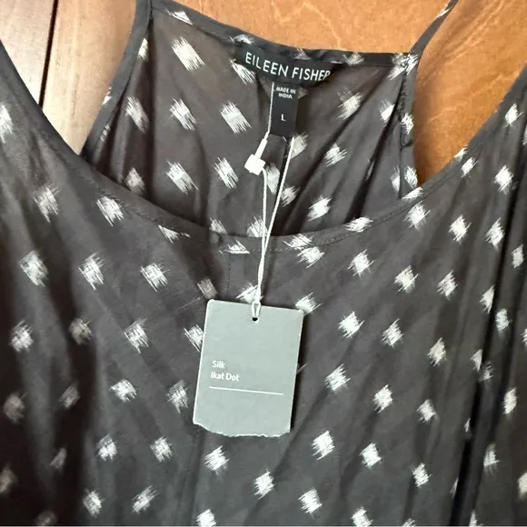 Eileen Fisher NWT Silk Ikat Charcoal Dress w/Off White Pattern Sz Lg