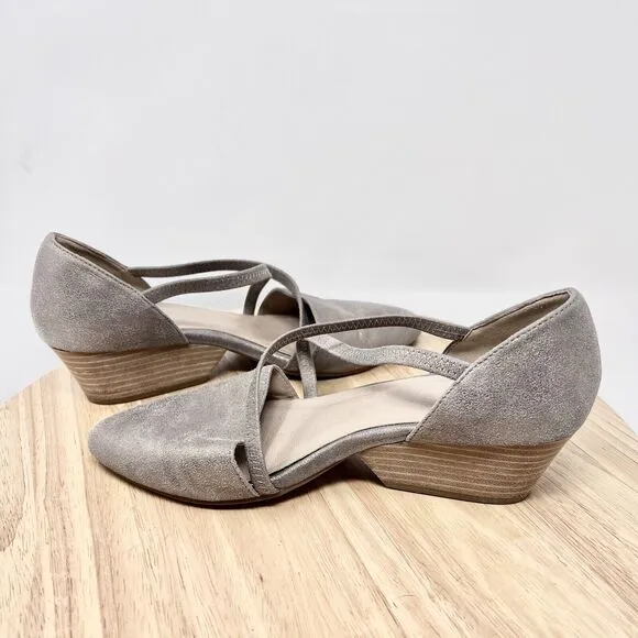 Eileen Fisher Poet Metallic Suede Criss-Cross D'Orsay Pumps Shoes 7.5 Gold