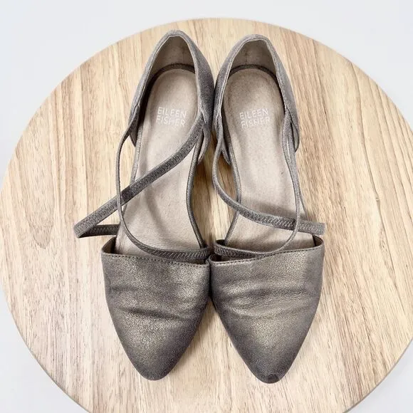 Eileen Fisher Poet Metallic Suede Criss-Cross D'Orsay Pumps Shoes 7.5 Gold