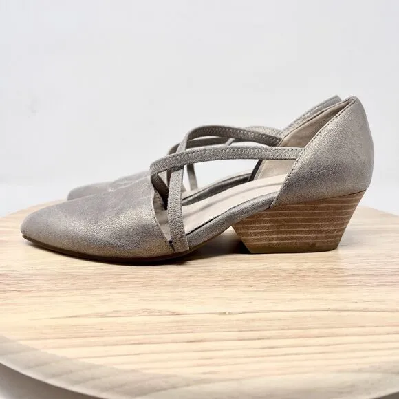 Eileen Fisher Poet Metallic Suede Criss-Cross D'Orsay Pumps Shoes 7.5 Gold