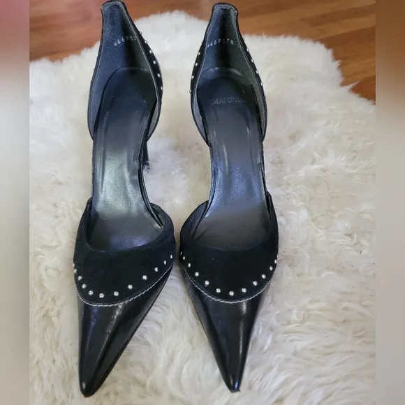 Elegant Black Leather &amp; Suede Studded Women's Heels