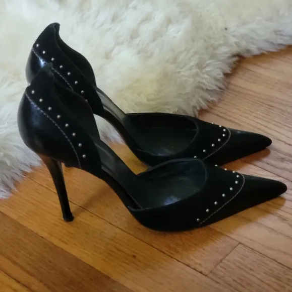 Elegant Black Leather &amp; Suede Studded Women's Heels