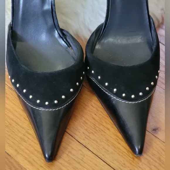 Elegant Black Leather &amp; Suede Studded Women's Heels
