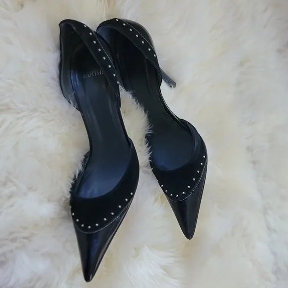 Elegant Black Leather &amp; Suede Studded Women's Heels