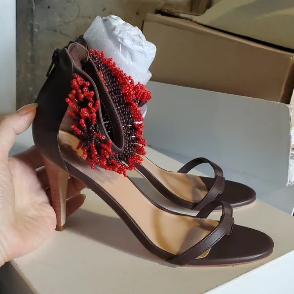 Elegant Brown and Red Beaded Women's Heels