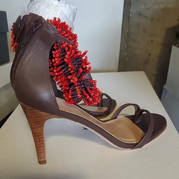 Elegant Brown and Red Beaded Women's Heels