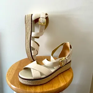 Elegant Cream Michael Kors Wedge Leather Espadrilles Open Toe Sandals