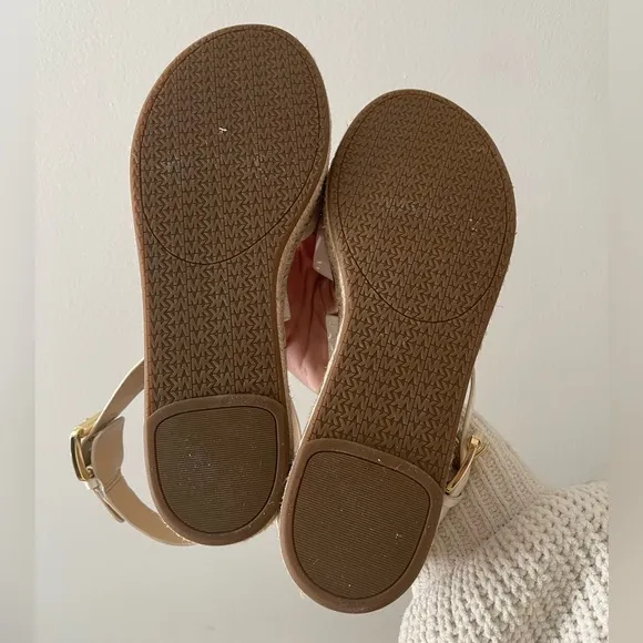 Elegant Cream Michael Kors Wedge Leather Espadrilles Open Toe Sandals