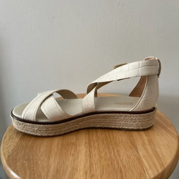 Elegant Cream Michael Kors Wedge Leather Espadrilles Open Toe Sandals