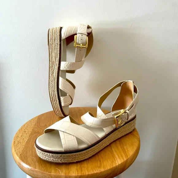 Elegant Cream Michael Kors Wedge Leather Espadrilles Open Toe Sandals