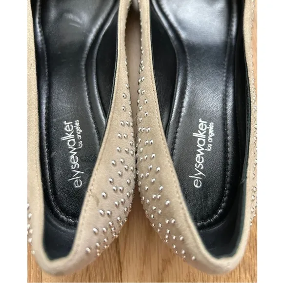 ELYSE WALKER Los Angeles Barbara Studded Suede Pointy Flats in Light Tau…
