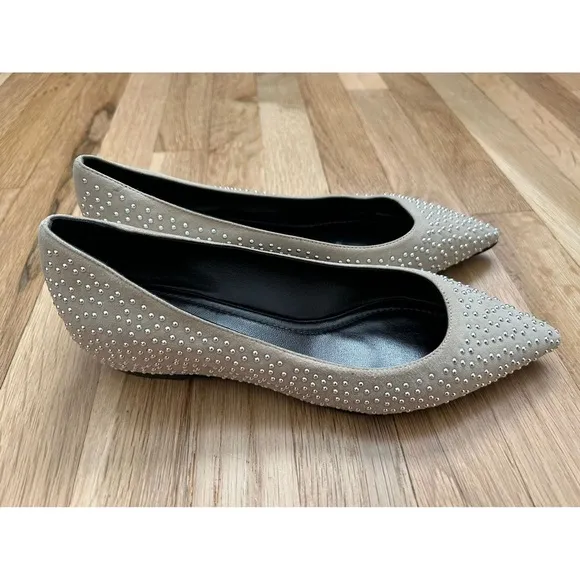 ELYSE WALKER Los Angeles Barbara Studded Suede Pointy Flats in Light Tau…