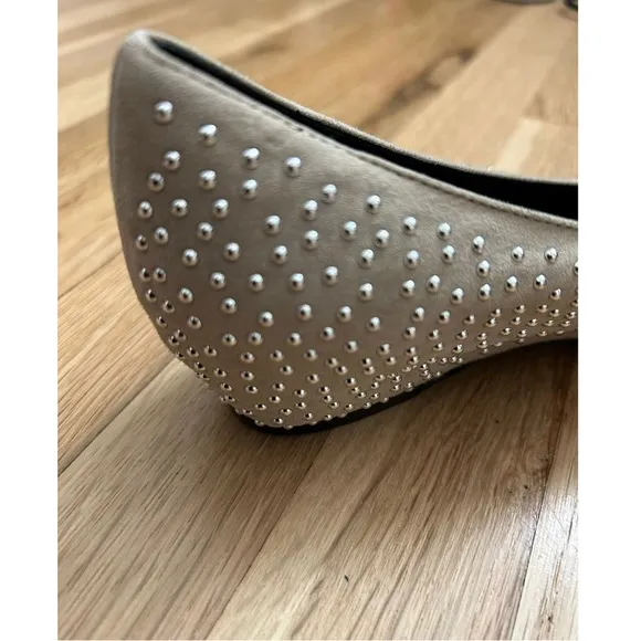 ELYSE WALKER Los Angeles Barbara Studded Suede Pointy Flats in Light Tau…